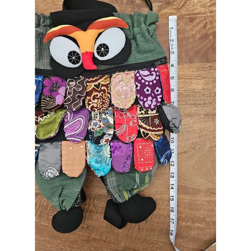 Boho Drawstring Backpack Women Multi-Color Owl Patchwork Zip Pocket Hippie Thai